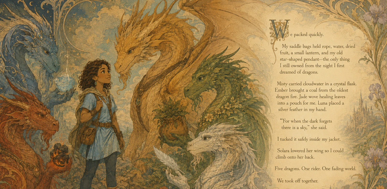 A child surrounded by colorful dragons in a storybook scene