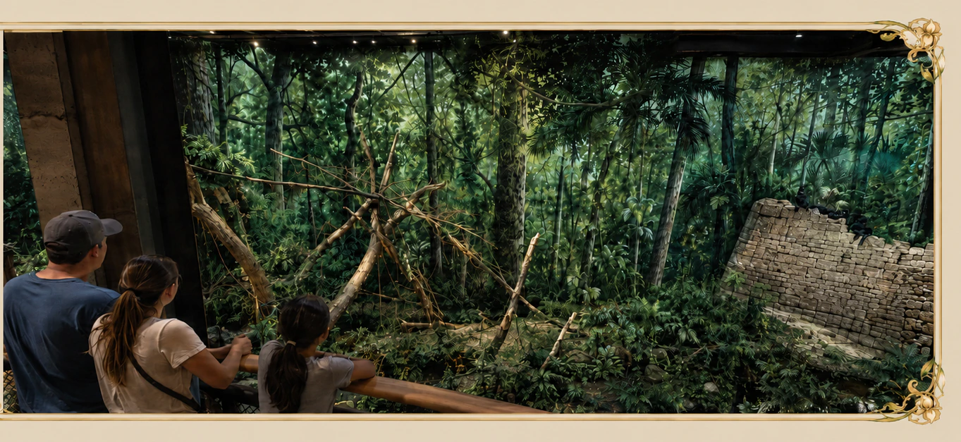 Visitors looking into a lush rainforest exhibit