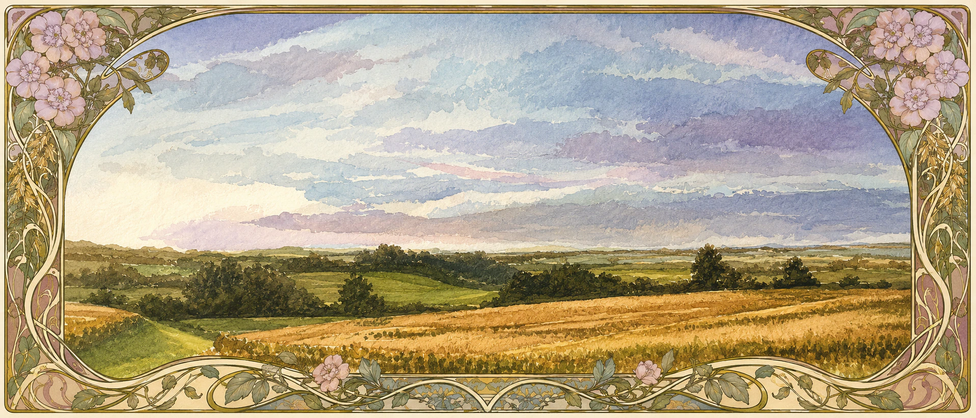 A watercolor view across rolling fields beneath a luminous sky